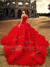 Red Off The Shoulder Neckline Beading and Ruffled Layers Sweet 16 Dresses Sleeveless Lace Up