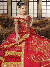 Off The Shoulder Sleeveless Taffeta Ball Gown Prom Dress Beading and Embroidery and Ruffled Layers Lace Up