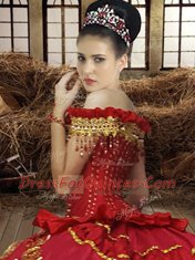 Off The Shoulder Sleeveless Taffeta Ball Gown Prom Dress Beading and Embroidery and Ruffled Layers Lace Up