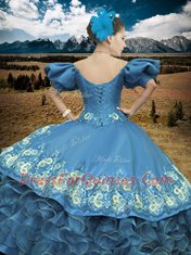 Free and Easy Blue Lace Up Off The Shoulder Appliques and Ruffles Sweet 16 Dress Organza Short Sleeves