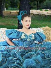 Free and Easy Blue Lace Up Off The Shoulder Appliques and Ruffles Sweet 16 Dress Organza Short Sleeves