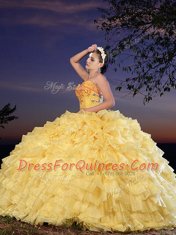 Popular Gold Organza Lace Up Quinceanera Gowns Sleeveless Floor Length Beading and Ruffled Layers