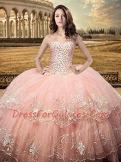 Modern Peach Tulle Lace Up Sweetheart Sleeveless Floor Length Quinceanera Gowns Beading and Embroidery