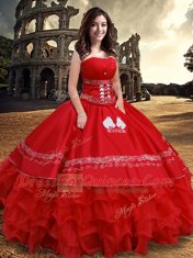 Exceptional Sleeveless Embroidery and Ruffled Layers Lace Up Quince Ball Gowns