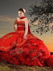 Fine Red Sweetheart Neckline Embroidery and Ruffles Quince Ball Gowns Sleeveless Lace Up