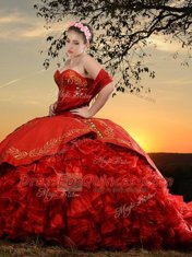 Fine Red Sweetheart Neckline Embroidery and Ruffles Quince Ball Gowns Sleeveless Lace Up