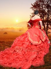 Fine Red Sweetheart Neckline Embroidery and Ruffles Quince Ball Gowns Sleeveless Lace Up