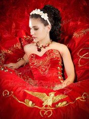 Fine Red Sweetheart Neckline Embroidery and Ruffles Quince Ball Gowns Sleeveless Lace Up
