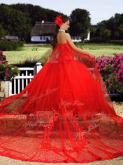 Sexy Sweetheart Sleeveless Tulle Sweet 16 Dress Beading and Lace Watteau Train Lace Up