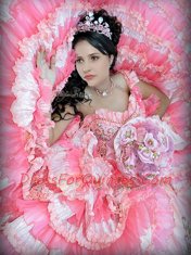 One Shoulder Pink And White Organza and Taffeta Lace Up Sweet 16 Quinceanera Dress Sleeveless Floor Length Beading and Embroidery and Ruffled Layers