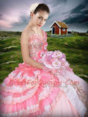One Shoulder Pink And White Organza and Taffeta Lace Up Sweet 16 Quinceanera Dress Sleeveless Floor Length Beading and Embroidery and Ruffled Layers