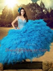 Straps Sleeveless Lace Up 15th Birthday Dress Baby Blue Tulle