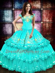 Sexy Ruffled Ball Gowns Sweet 16 Dress Turquoise Off The Shoulder Organza Sleeveless Floor Length Lace Up