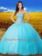 New Style Aqua Blue Tulle Lace Up Sweet 16 Dress Sleeveless Floor Length Beading and Bowknot