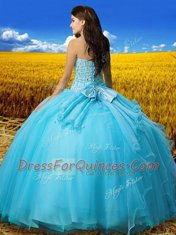 New Style Aqua Blue Tulle Lace Up Sweet 16 Dress Sleeveless Floor Length Beading and Bowknot