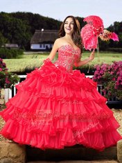 Ruffled Ball Gowns Vestidos de Quinceanera Coral Red Sweetheart Organza Sleeveless Floor Length Lace Up