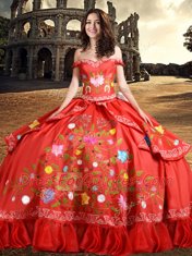 Perfect Ball Gowns 15th Birthday Dress Red Off The Shoulder Taffeta Sleeveless Floor Length Lace Up