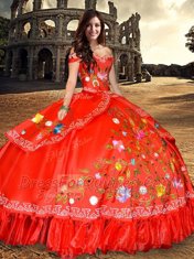 Perfect Ball Gowns 15th Birthday Dress Red Off The Shoulder Taffeta Sleeveless Floor Length Lace Up