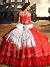 Perfect Ball Gowns 15th Birthday Dress Red Off The Shoulder Taffeta Sleeveless Floor Length Lace Up