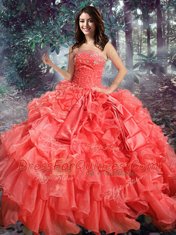 Shining Sleeveless Organza Floor Length Lace Up Sweet 16 Quinceanera Dress in Coral Red with Beading and Ruffles