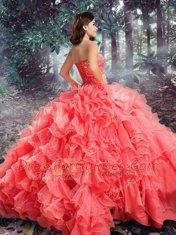 Shining Sleeveless Organza Floor Length Lace Up Sweet 16 Quinceanera Dress in Coral Red with Beading and Ruffles