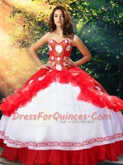 Elegant White And Red Ball Gowns Sweetheart Sleeveless Organza and Taffeta Floor Length Lace Up Embroidery and Ruffles Sweet 16 Dress