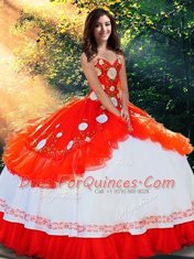 Elegant White And Red Ball Gowns Sweetheart Sleeveless Organza and Taffeta Floor Length Lace Up Embroidery and Ruffles Sweet 16 Dress
