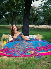 Off the Shoulder Sleeveless Taffeta Floor Length Lace Up Sweet 16 Dress in Blue with Beading and Embroidery