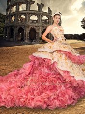 Pink And White Organza Lace Up Sweetheart Sleeveless With Train Quinceanera Dress Court Train Embroidery and Ruffles
