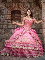 Luxurious Off the Shoulder Floor Length Rose Pink Sweet 16 Quinceanera Dress Taffeta Sleeveless Beading and Embroidery and Ruffled Layers