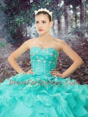 New Style Ruffled Floor Length Turquoise Sweet 16 Dress Sweetheart Sleeveless Lace Up