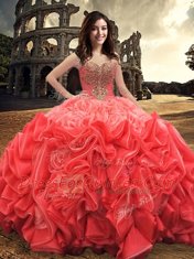 Classical Red Ball Gowns Beading 15th Birthday Dress Lace Up Fabric With Rolling Flowers Sleeveless Floor Length