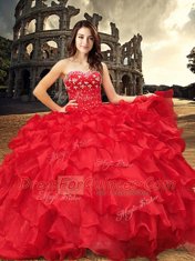 Beauteous Red Lace Up Sweetheart Beading and Ruffles 15 Quinceanera Dress Organza Sleeveless
