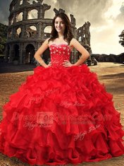 Beauteous Red Lace Up Sweetheart Beading and Ruffles 15 Quinceanera Dress Organza Sleeveless