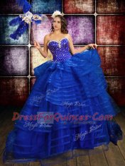 Eye-catching Floor Length Lace Up Ball Gown Prom Dress Royal Blue for Military Ball and Sweet 16 and Quinceanera with Beading and Ruffled Layers