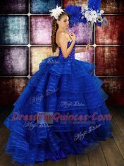 Eye-catching Floor Length Lace Up Ball Gown Prom Dress Royal Blue for Military Ball and Sweet 16 and Quinceanera with Beading and Ruffled Layers
