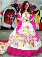 New Arrival V-neck Sleeveless Brush Train Lace Up Quinceanera Gown White Organza and Taffeta