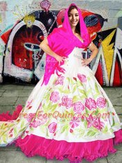New Arrival V-neck Sleeveless Brush Train Lace Up Quinceanera Gown White Organza and Taffeta
