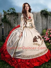 Brush Train Ball Gowns Ball Gown Prom Dress White And Red Sweetheart Organza and Taffeta Sleeveless With Train Lace Up