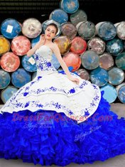 Modest White and Blue Organza and Taffeta Lace Up Quinceanera Dresses Sleeveless With Brush Train Embroidery and Ruffles