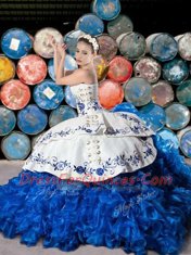 Modest White and Blue Organza and Taffeta Lace Up Quinceanera Dresses Sleeveless With Brush Train Embroidery and Ruffles