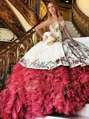 Unique White and Red Sleeveless With Train Embroidery and Ruffles Lace Up Sweet 16 Quinceanera Dress
