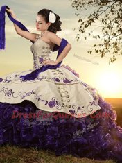 Simple White And Purple Sleeveless Brush Train Embroidery and Ruffles With Train 15th Birthday Dress