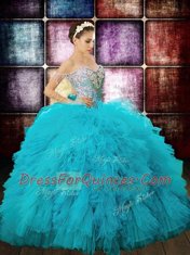Classical Off the Shoulder Sleeveless Floor Length Beading and Ruffles and Sequins Zipper 15 Quinceanera Dress with Aqua Blue