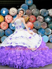 Noble White And Purple Sleeveless Floor Length Appliques and Embroidery and Ruffles Lace Up Quinceanera Gowns