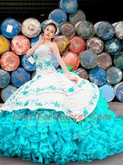 On Sale Sweetheart Sleeveless Quinceanera Gown Floor Length Appliques and Embroidery and Ruffles Blue And White Organza
