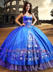 Delicate Royal Blue Lace Up One Shoulder Lace and Embroidery 15th Birthday Dress Satin Sleeveless