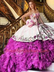 Amazing Pink And White Ball Gowns Organza Sweetheart Sleeveless Appliques and Embroidery Floor Length Lace Up Quinceanera Gown