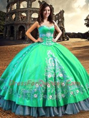 Charming Off the Shoulder Turquoise Sleeveless Lace and Embroidery Floor Length Quinceanera Dresses