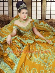 Simple Gold Vestidos de Quinceanera Military Ball and Sweet 16 and Quinceanera and For with Embroidery Off The Shoulder Sleeveless Lace Up